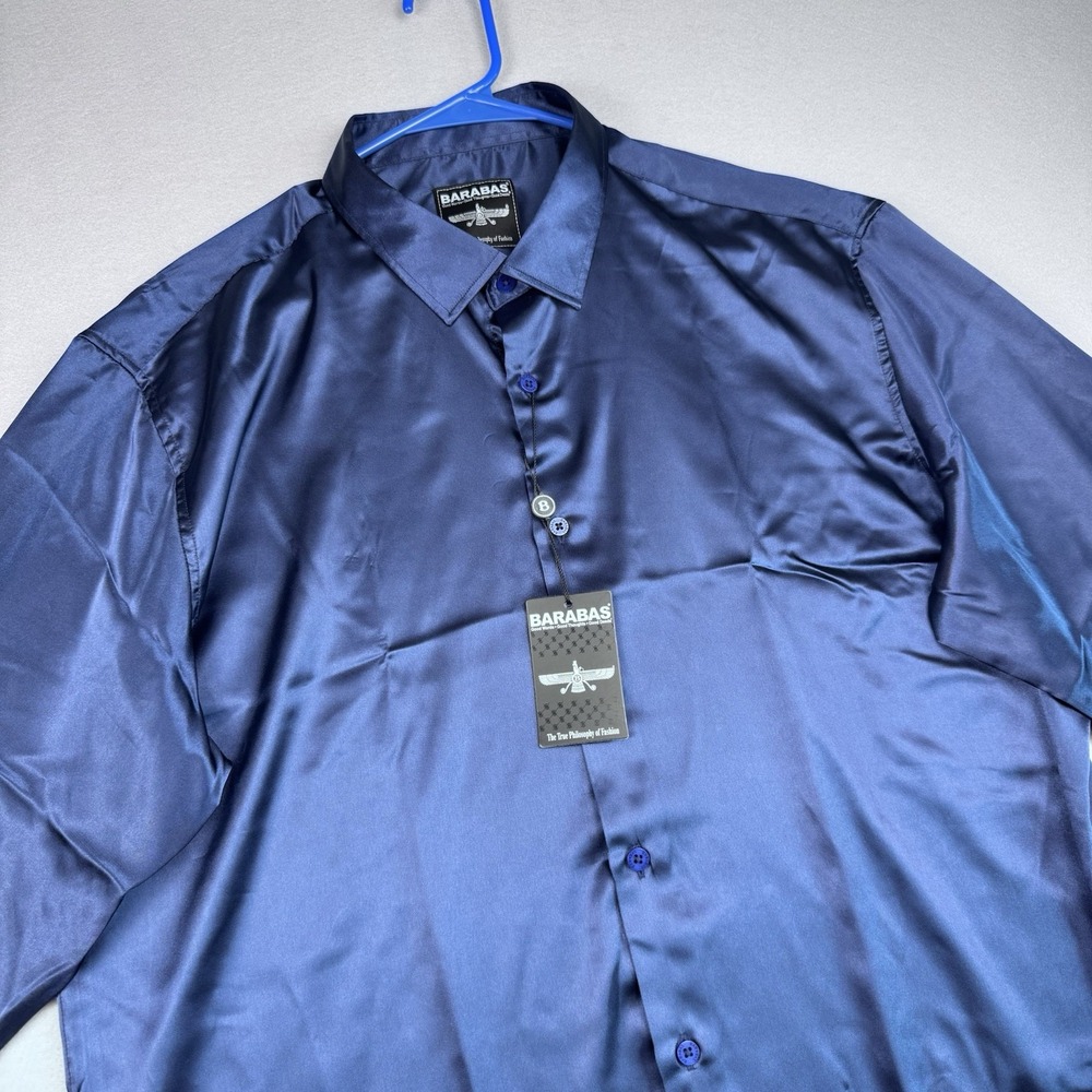 NWT Barabas Satin Long Sleeve Club Shirt XXL Metallic Blue Button Collar